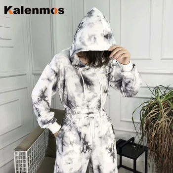 

Sets Women High Street Vintage Tie-Dyed Print Hoodie Women Sweatshirt and Jogging Trousers Gradient Color Pants Two Pieces Set