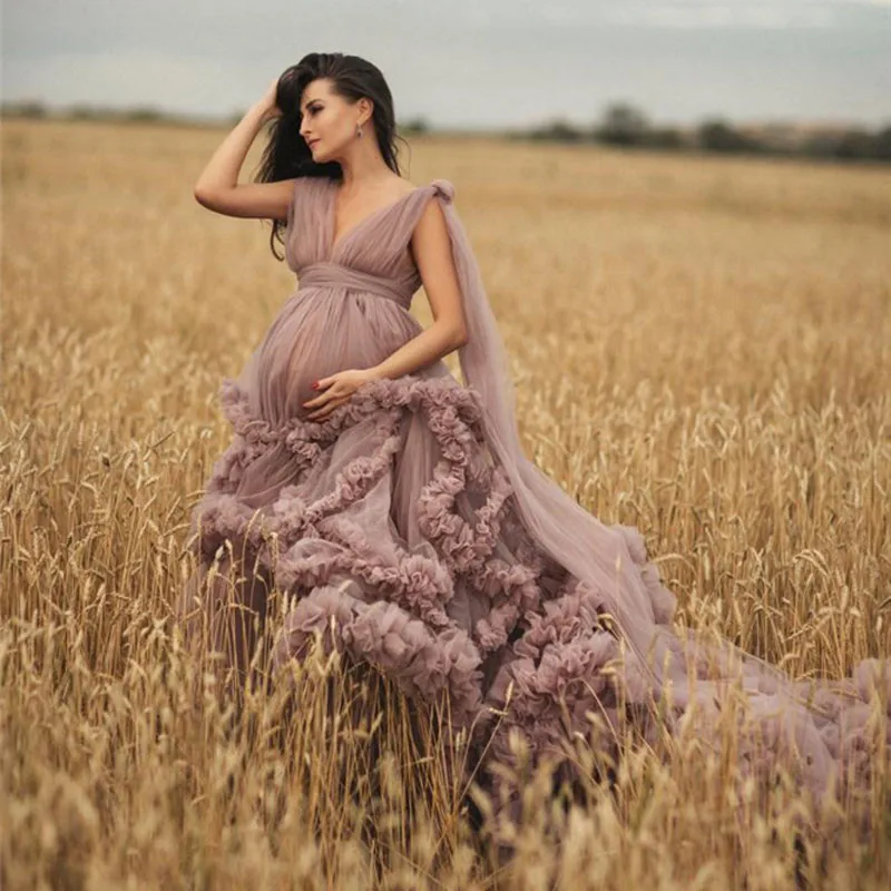 

Dusty Pink Maternity Evening Dresses Robes for Photo Shoot Baby Shower Ruffle Tulle Chic Women Dress Nightgown Photography Robe