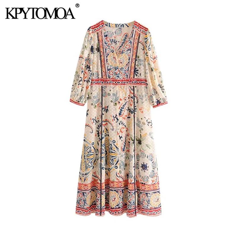 KPYTOMOA Women Chic Fashion Floral Print Maxi Dress Vintage V Neck Three Quarter Sleeves Side Slit Female Dresses Vestidos Mujer KPYTOMOA Women Chic Fashion Floral Print Maxi Dress Vintage V Neck Three Quarter Sleeves Side Slit Female Dresses Vestidos Mujer