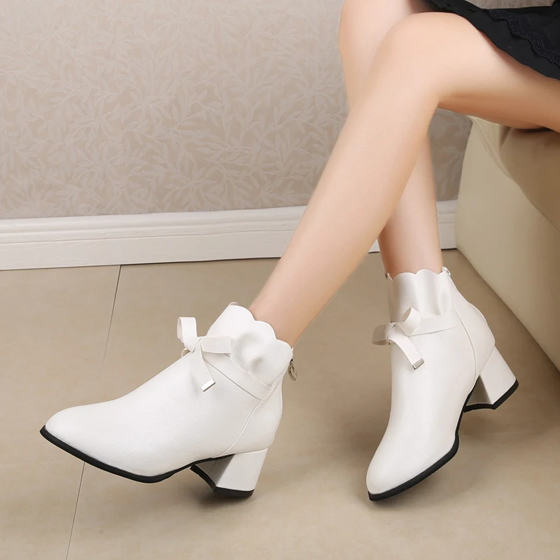 

White Boots Leather Booties Shoes Round Toe Chunky Heel Low Heels booties Bootee Woman 2019 Martins For Women Lace Up Med Mid-Ca