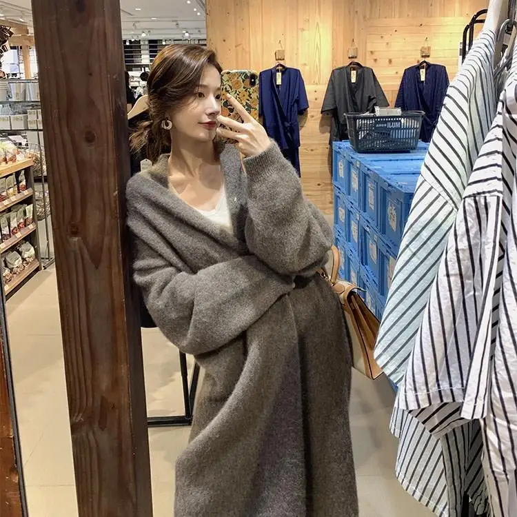 ^Cheap Autumn Winter Korean Long Section Thick Cashmere Cardigan Wild Knit Sweater Coat Female Sweaters