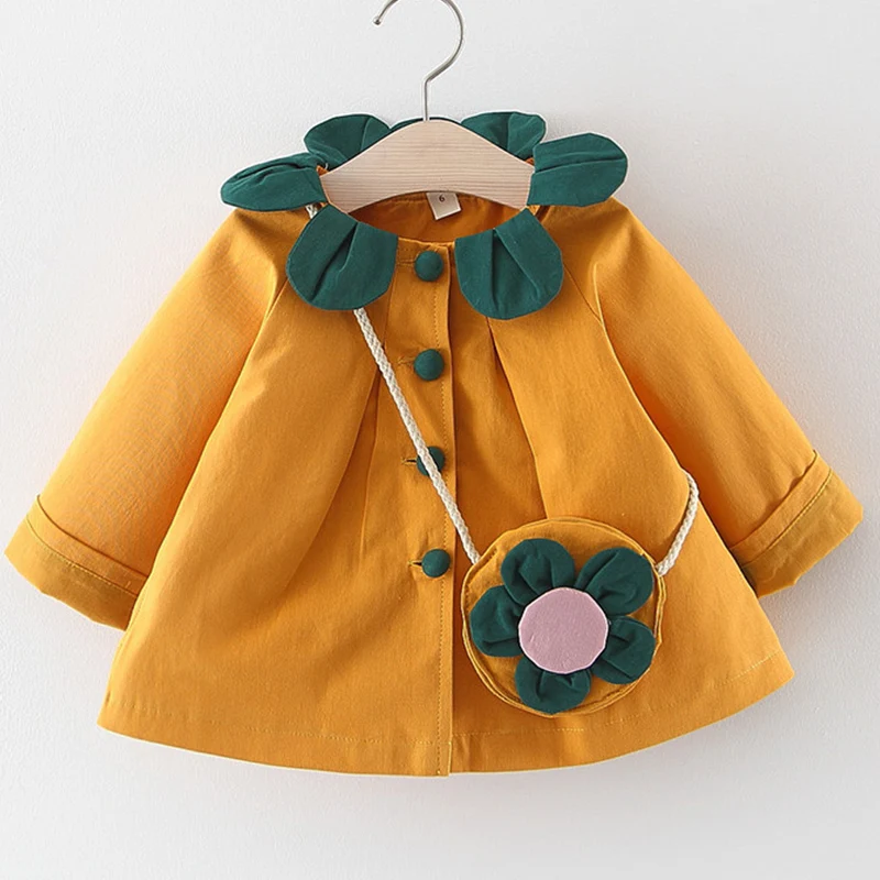 Humor Bear/Коллекция года, осенняя одежда для маленьких девочек платье принцессы с лепестковым воротником пальто с длинными рукавами и пуговицами+ сумка с цветочным принтом, детская одежда из 2 предметов
