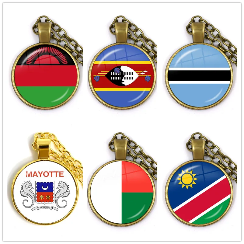 Botswana,Namibia,Swaziland,Madagascar,Malawi,Mayotte Nation Flag Necklace 25mm Glass Cabochon Pendant For Women Girls Gift