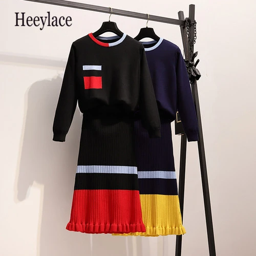 

plus size women autumn knitted pullover top and skirts sets office lady workwear patchwork maxi skirts two piece set 2019