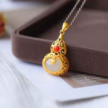 

Chinese Jade Inlay Good Luck Gourd Pendant Necklace DIY Accessories Jewellery Fashion Hand-Carved Woman Gifts Amulet