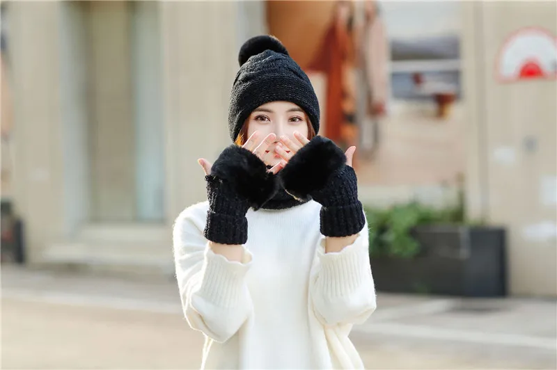 Зимняя женская обувь толстые вязаная шапка и наборы перчаток для женщин, большой размер, модные бархатистые теплые девочек шапочка с помпонами шарф перчатки 3 шт./компл