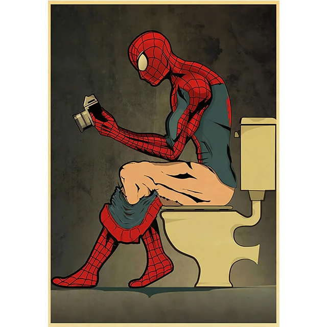 Affiche de peinture Spiderman drôle, appareil photo dans les toilettes,  décor de salle de bain, décoration de salle de bain, Art mural de maison