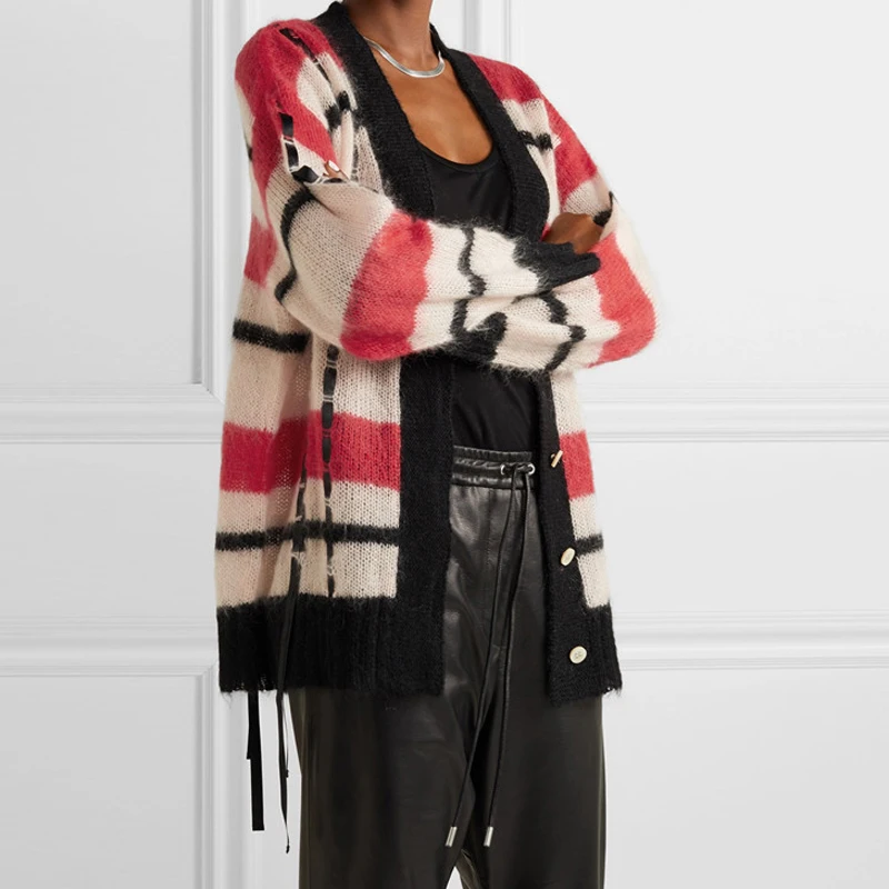 

Women Mohair Sweater Cardigans 2019 Autumn V Neck Striped Tassel Oversized Cardigans Loose Knitted Coat Thin Outerwear