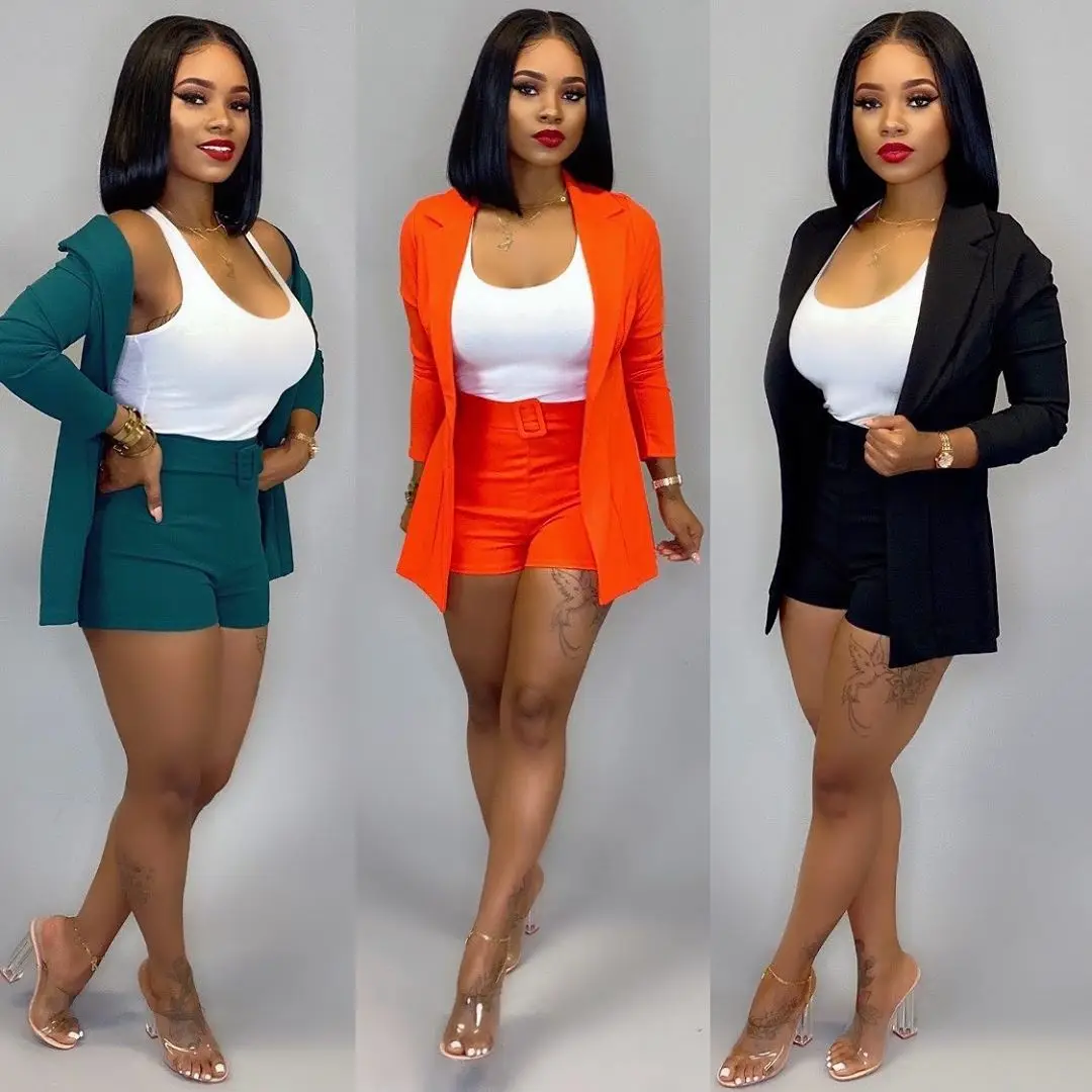 Women Office Business Suits Cardigan Blazer Coat And Shorts Slim Full Sleeve Two Piece Set Club Wear Outfits High Street Outwear