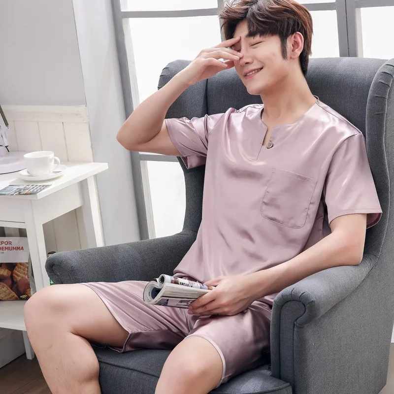 Brand Summer Pajamas Sets Men Chinese Silk Satin Sleepwear Home Clothes Male Luxury Soft Nightwear Sleep 2pcs Set Casual Cozy