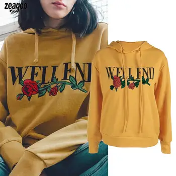 

Women Fashion Hooded Long Sleeve Floral Winter Yellow Embroidery Casual Hoodies