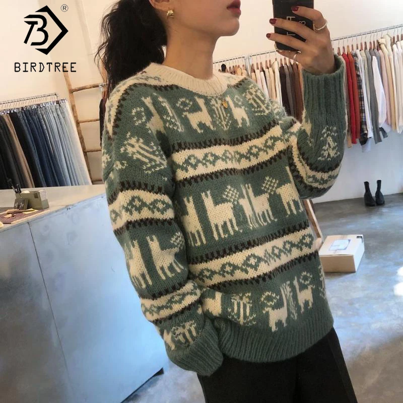 

2019 Winter New Women's Preppy Style Pullovers Chritmas Sweater Elegant Loose Knitted Full Sleeve O-Neck Ugly Sweater C99404K