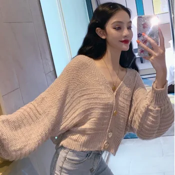 

Women Autumn Solid Short Knitting Sweaters Casual Loose Size V-Neck Femme Elegant Lantern Sleeves Knitted Cardigans