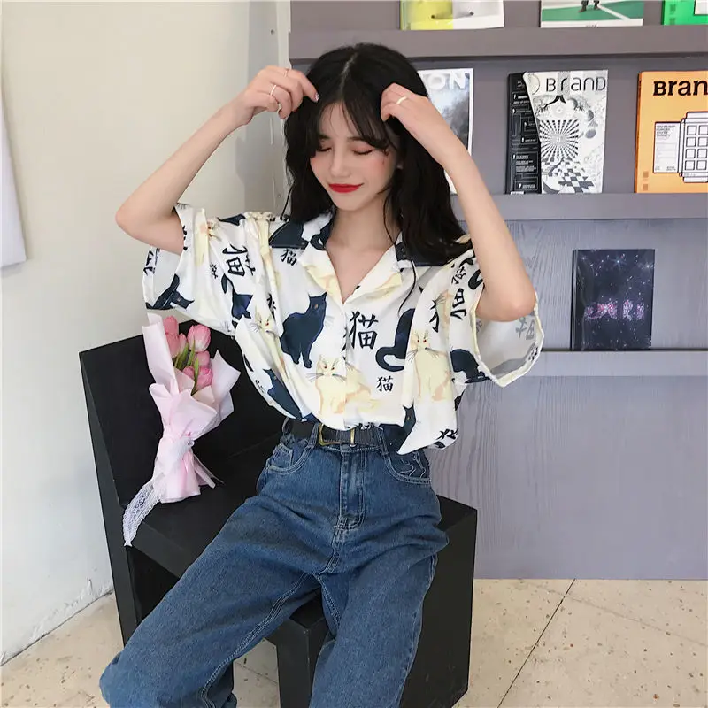 Blouses Women Vintage Cat Printed Korean Basic Loose Chic Design Ladies Shirts Daily College Street All-match Womens Blouse Top