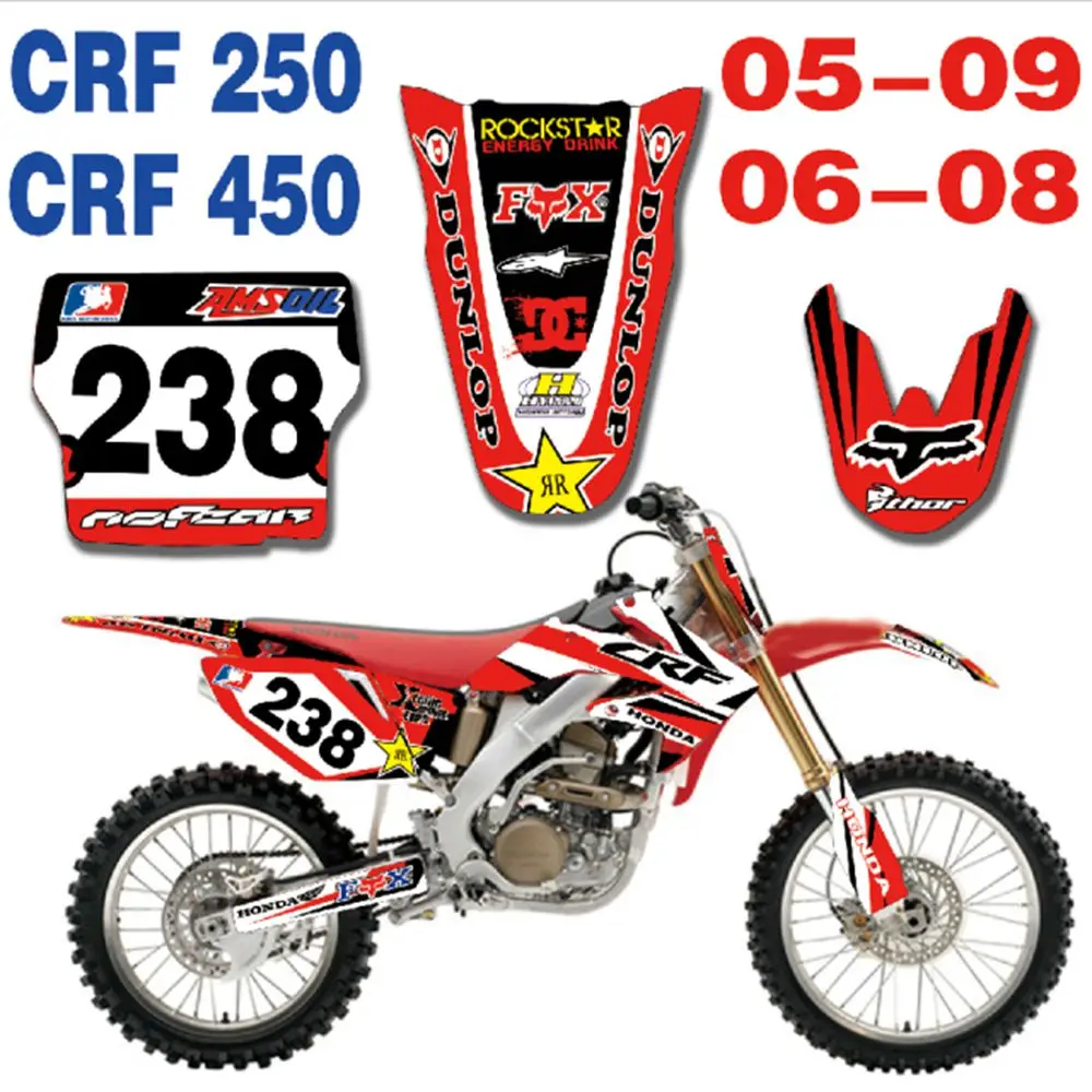 

New Full Graphics Decals Stickers Custom Number Name Glossy Bright Stickers Waterproof for 2005-2009 HONDA CRF250 CRF450