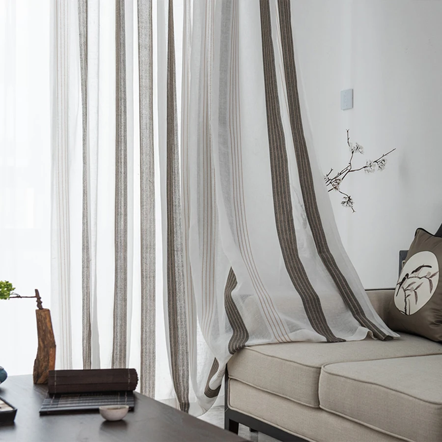 Modern Stripe Impermeable Cotton and Linen Window Curtain Tulle Nordic Thick Partition Semi-Shading Living Room Sheer Drapes#4