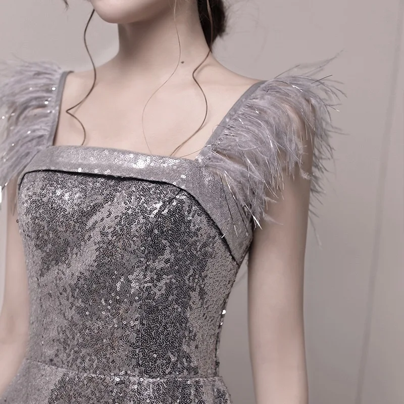 sequin and feather cocktail dress