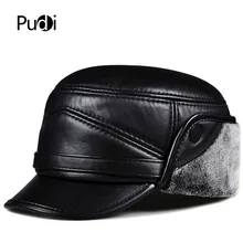 HL162, зимняя мужская теплая шапка, новинка, натуральная кожа, бейсболка с ушками, шапки-бомберы с искусственным мехом внутри, Черная