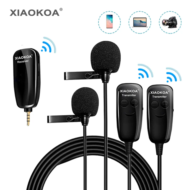 XIAOKOA двойной UHF Lavalier отворотом беспроводной микрофон Запись Vlog Youtube Live интервью