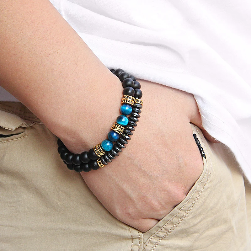 GolbalJew 2pcs Bead Bracelet Men Natural Tiger Eye Hematite Obsidian Beaded Bracelets Homme Energy Stretch Bracelet Men Jewelry bracelet jewelry