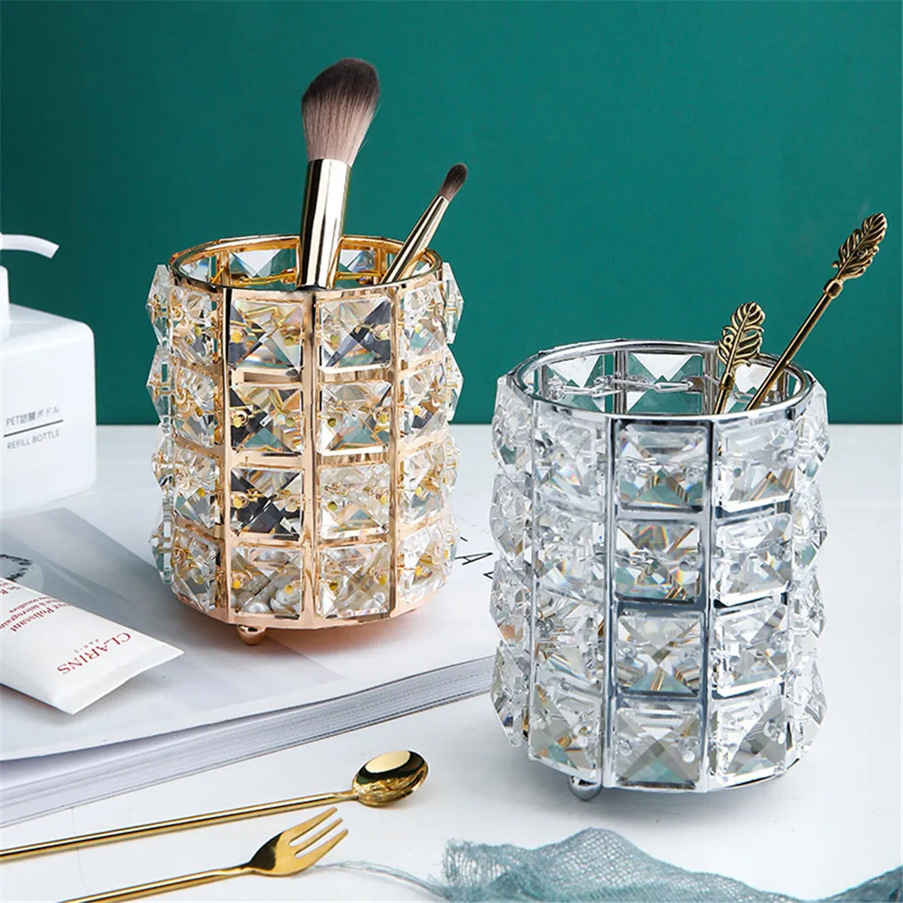 

European Makeup Brush Organizer Holder Gold Crystal Cosmetic Storage Pot Desk Pen Holder Desktable Decor Home Office Storage Box