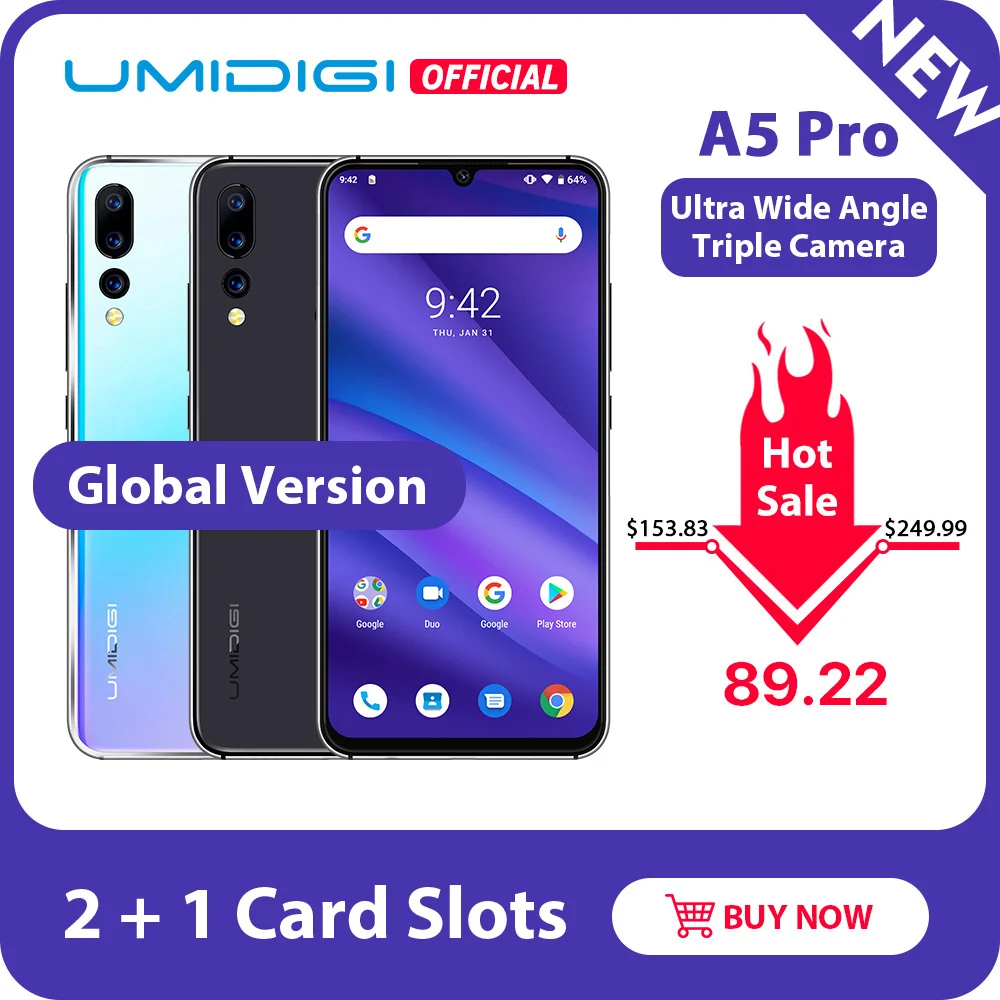 Global Version UMIDIGI A5 PRO Android 9.0 Octa Core 6.3' FHD+ Waterdrop 16MP Triple Camera 4150mAh 4GB RAM 4G Celular Smartphone