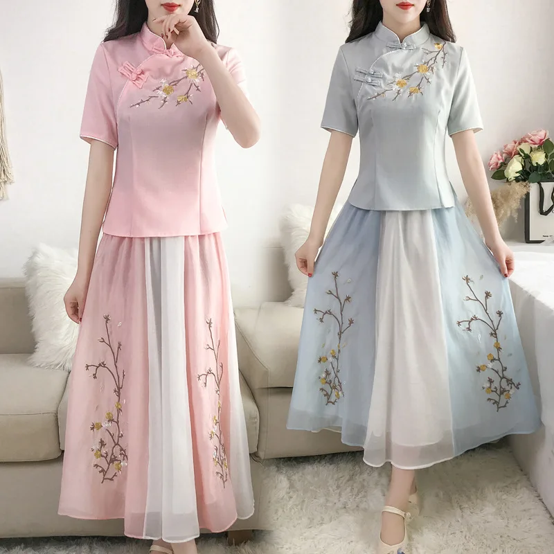 

2019 New Style Chinese Clothing Women's China feng min Wind Cheongsam Tops National Wind WOMEN'S Dress Retro Dress Two-Piece Set