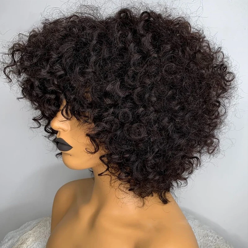 Short Curly Pixie Cut Bob Human Hair Wig With Bangs Full Machine Wigs For Black Women Remy PrePlucked With Baby Hair Brazilian human hair wigs