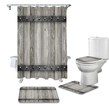 

Wood Metal Shower Curtains Set Bath Mat Set Toilet Cover Waterproof Shower Curtain Set Bath Mats Rugs