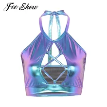 Женские Популярные топы с эффектом Wetlook, Блестящий металлический топ с бретелькой через шею, ночная Клубная одежда, открытая передняя часть, открытая спина, Cami Vest, укороченный топ на бретелях, блузка