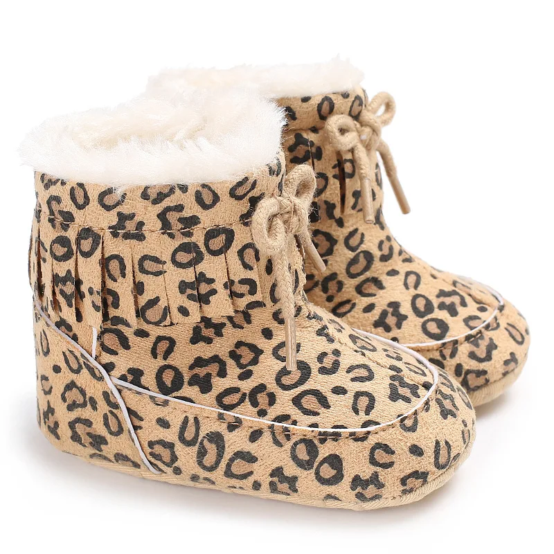 Детские зимние сапоги обувь для мальчиков и девочек мягкая подошва 0-18 месяцев противоскользящие теплые зимние для младенцев, до первых шагов пинетки носки - Цвет: leopard