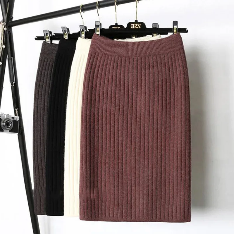 

Elegant High Waist Thicking Knitting Penci Skirt 2020 New Autumn Winter Women Slit Wrapped Skirts Solid Wool Femme Jupes