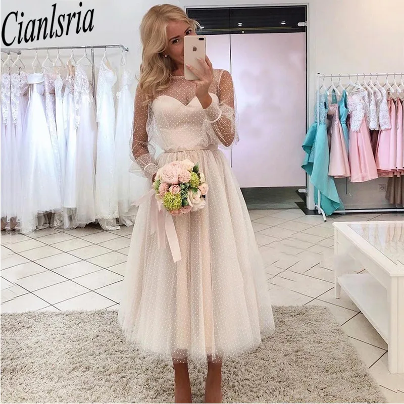 

Simple A Line Ankle Length Wedding Dresses Jewel See Through Sleeve Wave Point Bridal Dress Pleat Tulle Skirt Wedding Gowns