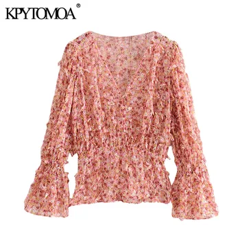 

KPYTOMOA Women 2020 Fashion Printed Textured Weave Ruffled Blouse Vintage V Neck Long Sleeve Female Shirts Blusas Chic Tops