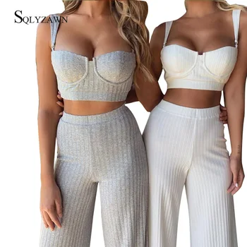 

Knitted Rib Stripe 2 Piece Set Women Bodycon Crop Top + Wide Leg Palazzo Pants Sweat Suits Vintage Matching Sets Party Outfits