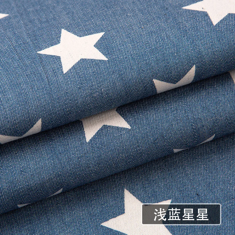 Stripe Soft Washed Denim Fabric Cotton 100% for Shirt Dress Pants Thin Brocade Blue Stars Geometric Printed Sewing Summer Diy 