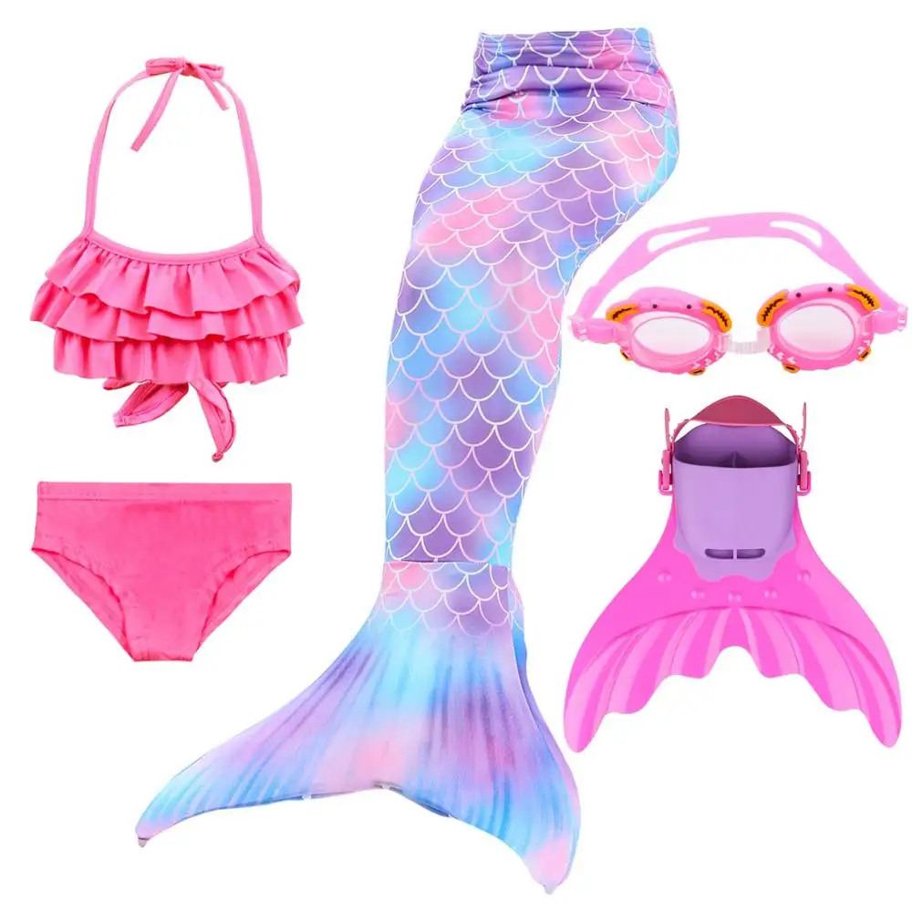 Купальный костюм русалки с моноплавниками для девочек, 5 шт./компл., детские костюмы для плавания, детское платье, купальные комплекты бикини с гоглом - Цвет: Пурпурный