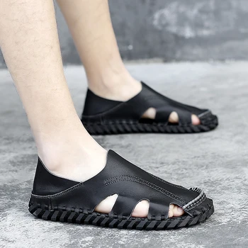 

Summer genuine Leather Sandals Men Outdoor Beach Sandals outdoor Comfortable Fashion Mens Breathable Rubber Flip Flops Shoes