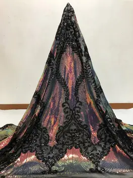 

New Black Gold African Lace Fabric 2020 Latest high quality Lattice French Tulle Organza Sequins lace fabric for Wedding Dress
