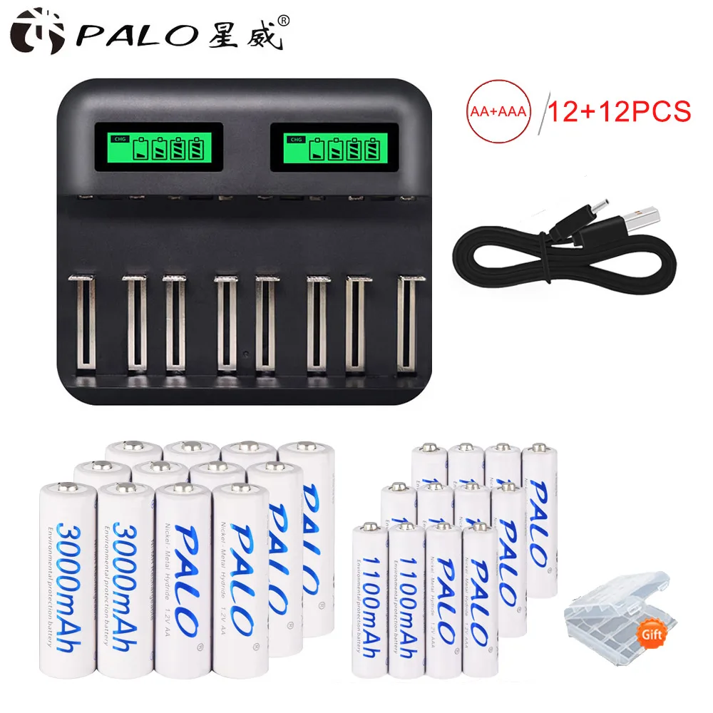 12AA AAA and charger PALO USB Смарт быстрое зарядное устройство с ЖК-дисплеем для AA AAA C D Размер батареи+ 8-16 шт AA/AAA перезаряжаемые батареи - Цвет: 12AA AAA and charger