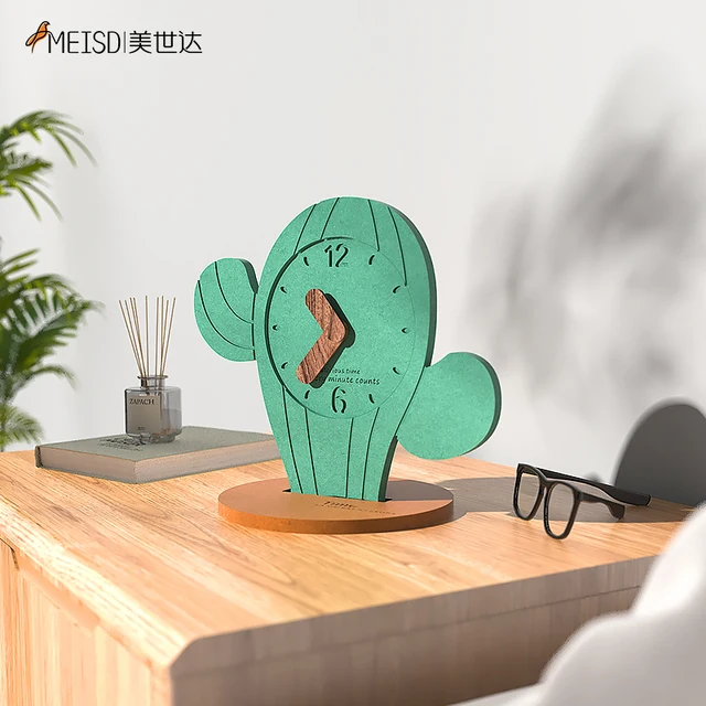 MEISD Wooden Table Clock Creative Green Cactus Designer Desk Watches Bedroom Decorative Small  Accessory Free Shipping 2