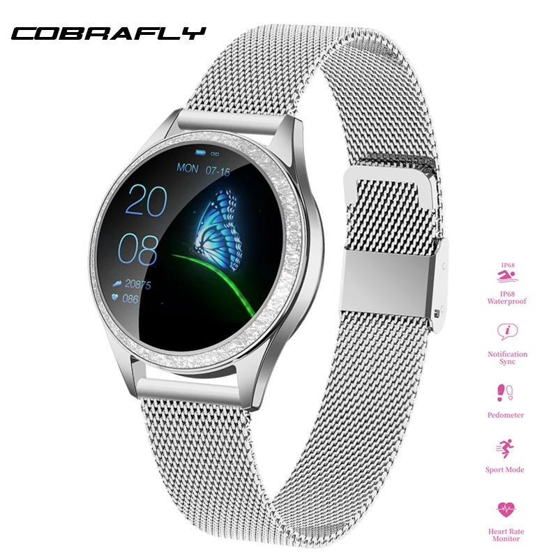 Cobrafly для женщин Смарт часы KW20 Алмазный Сплав IP68 Водонепроницаемый мониторинг сердечного ритма сна Дамская мода Фитнес-браслет часы