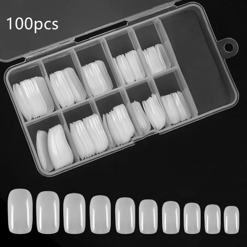 

100pcs Nail Art Tips Clear/ Natural False Coffin Nails Art Tips Flat Shape Full Cover Fake Nail Art Manicure Tool