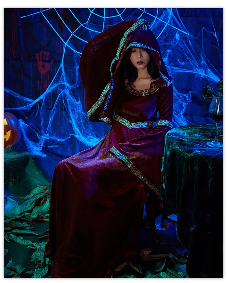 Medieval Retro Court Costume Night Vampire Queen Wizard Costume Hooded Gown Robe Medieval Dress Drap Sleeves Vampire Halloween