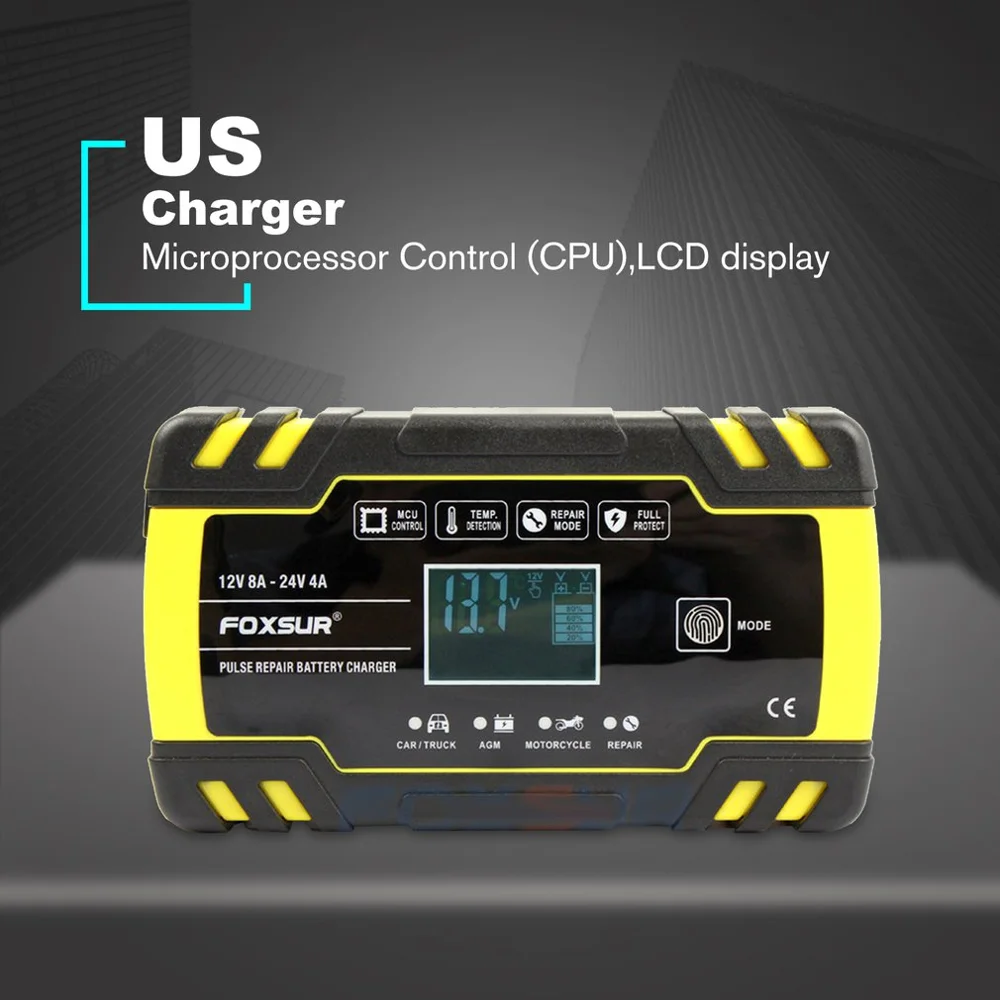 FOXSUR 12 V/24 V мотоциклов и автомобилей автоматический UPS интеллигентая(ый) ЖК-дисплей EFB AGM гель ремонт импульса Батарея Зарядное устройство