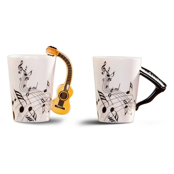 

2 Pcs Ceramic Cup Free Spectrum Coffee Milk Tea Cup Unique Musical Instrument Gift Cup, Guitar Handle & Piano Handle