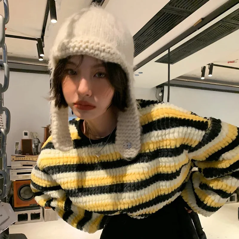 Mohair Beanie Hat for Women Winter Hat Knitted Autumn Skullies Hat Ladies Warm Bonnet Cap Korean Black Red Cap Ear Protection