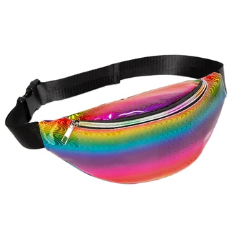 

New Women Waist Packs Laser Gradient Ladies Belt Bag Colorful Zipper Adjust Rainbow PU Leather Bag