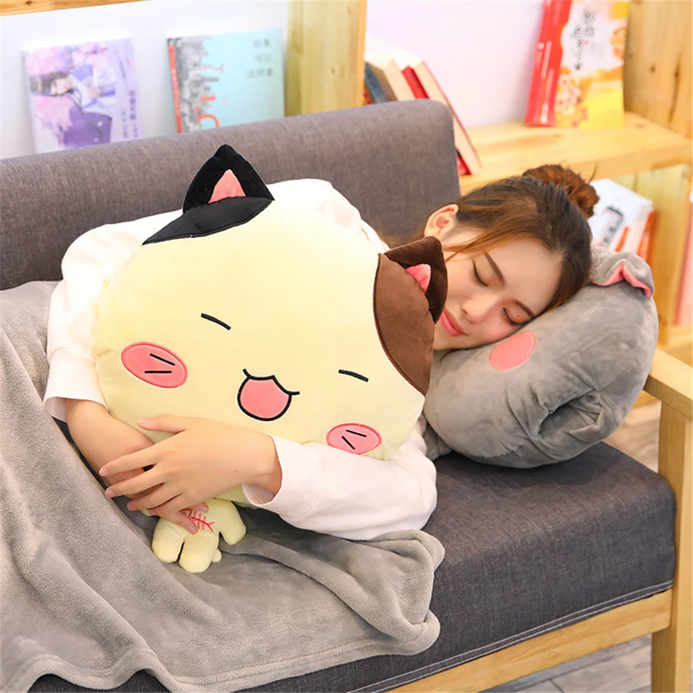 

B-LIFE 3 in 1 Cute Cartoon Cat Shape Throw Pillow Blanket Set with Hand Warmer Design Waist Cusion Sofa Chair Car Travel