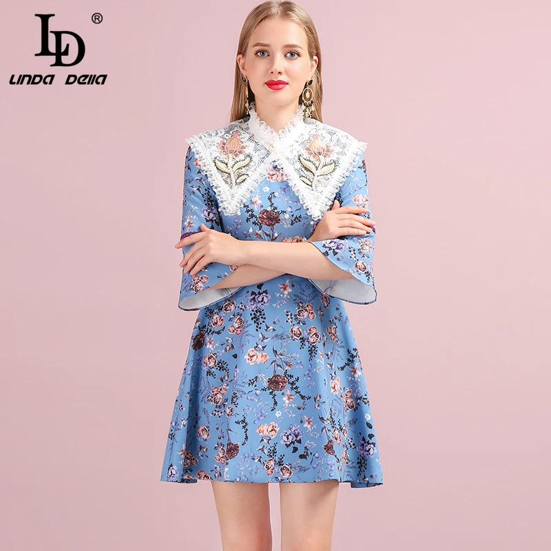 Многоцветный LD Linda della осеннее женское платье модный Дизайнерский Костюм с расклешенными рукавами великолепный Бисер цветочный принт стройнящие женские платья - Цвет: Многоцветный
